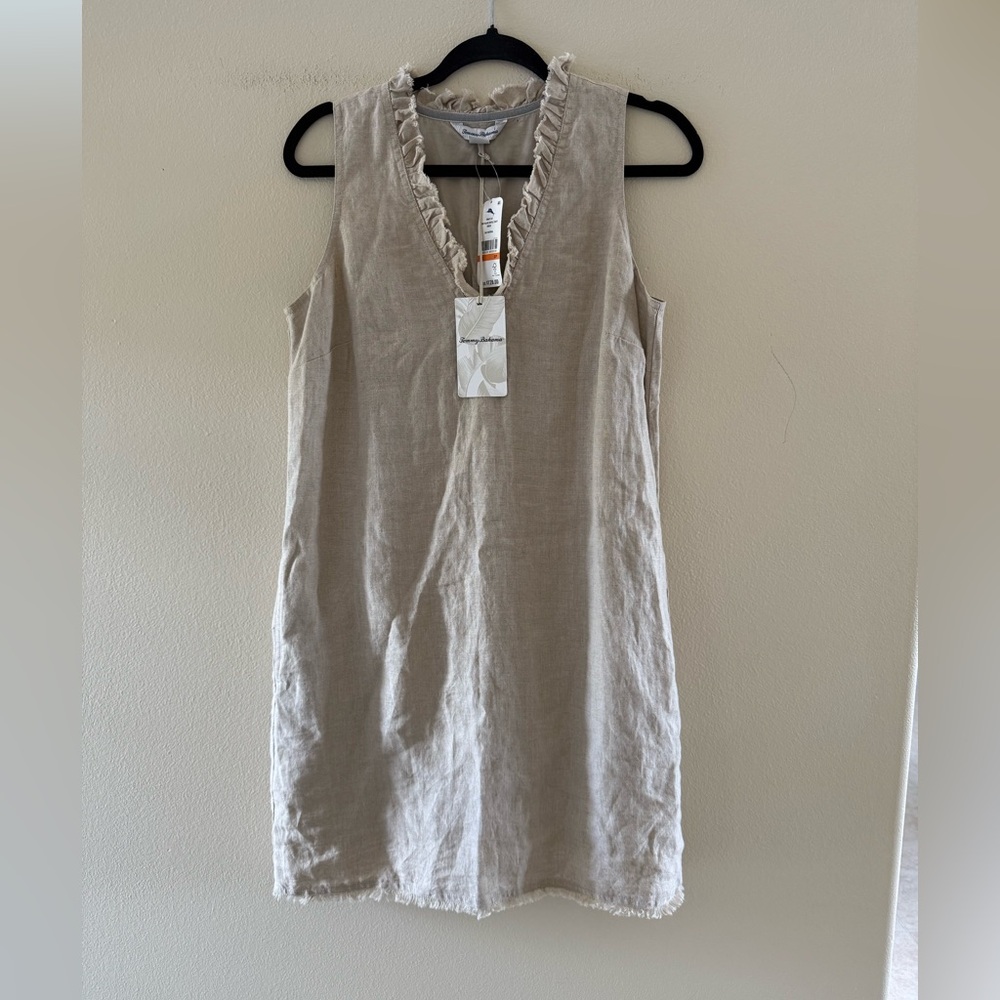 Tommy Bahama Natural Beige Ruffle-Trim Sleeveless Midi Dress
